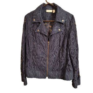 Chicos Navy Blue Lace Jacket With Zipper Front & Snap Collar Size 2 Size 12